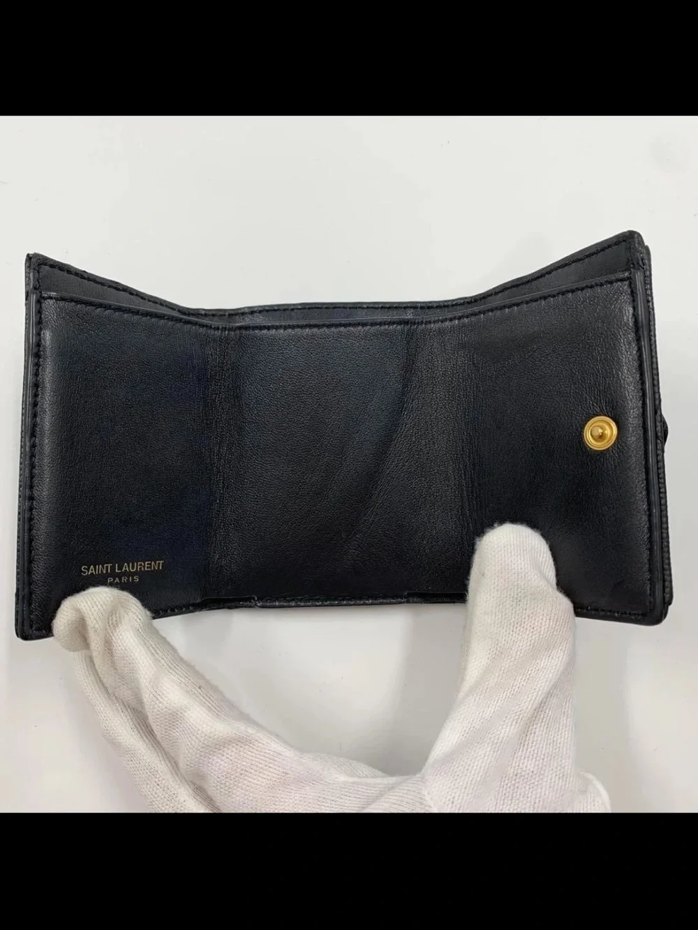 Saint Laurent Black Chevron Quilted Leather Card Case with Gold YSL
